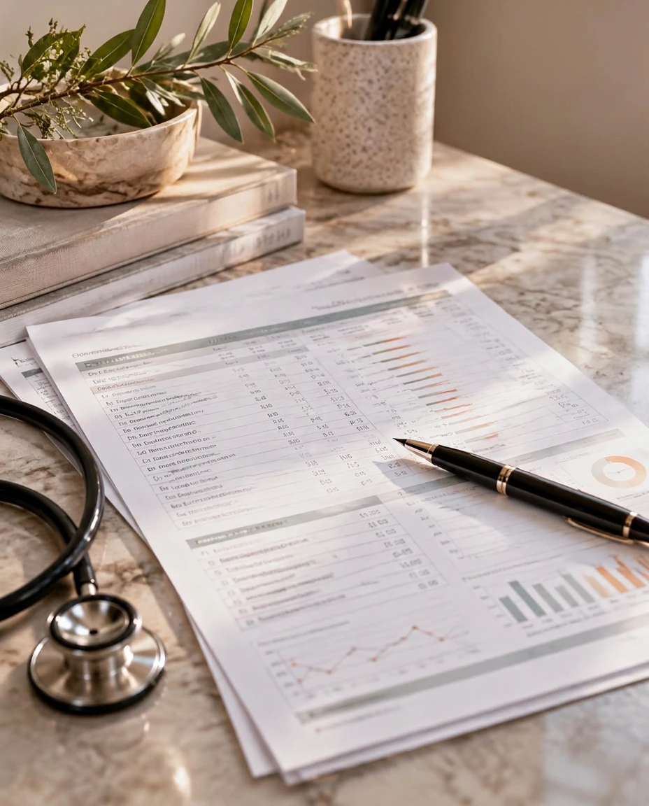 Comprehensive lab results, supplements and clinician notes on a desk at Push Med in Greenville