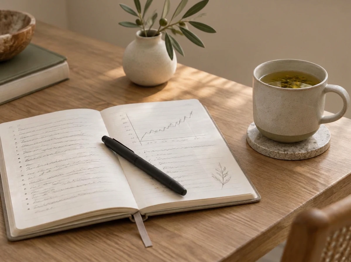 Open progress notebook with a trend chart, pen and tea on a desk