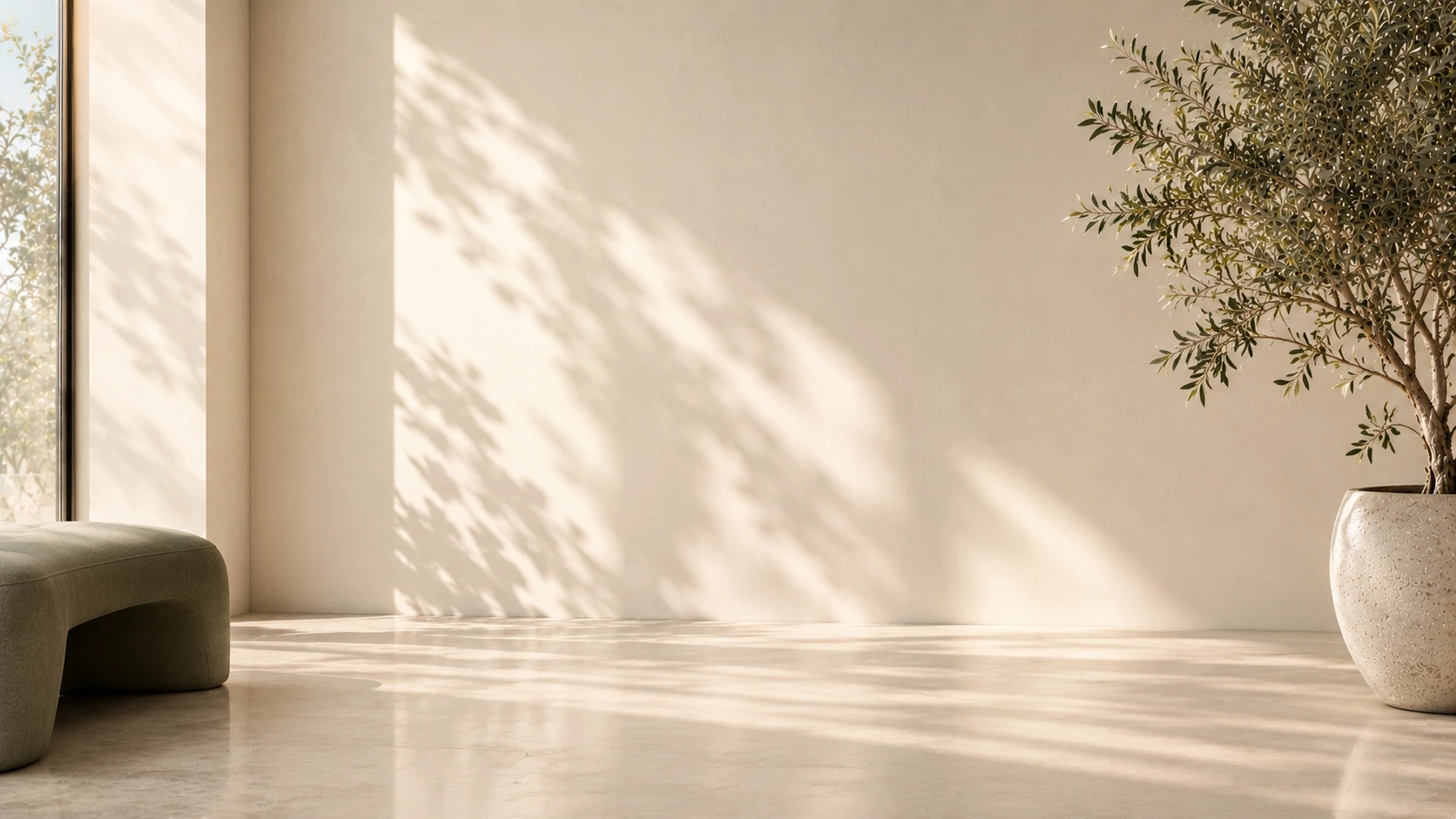 Minimalist clinic interior with an olive tree at Push Med in Greenville SC