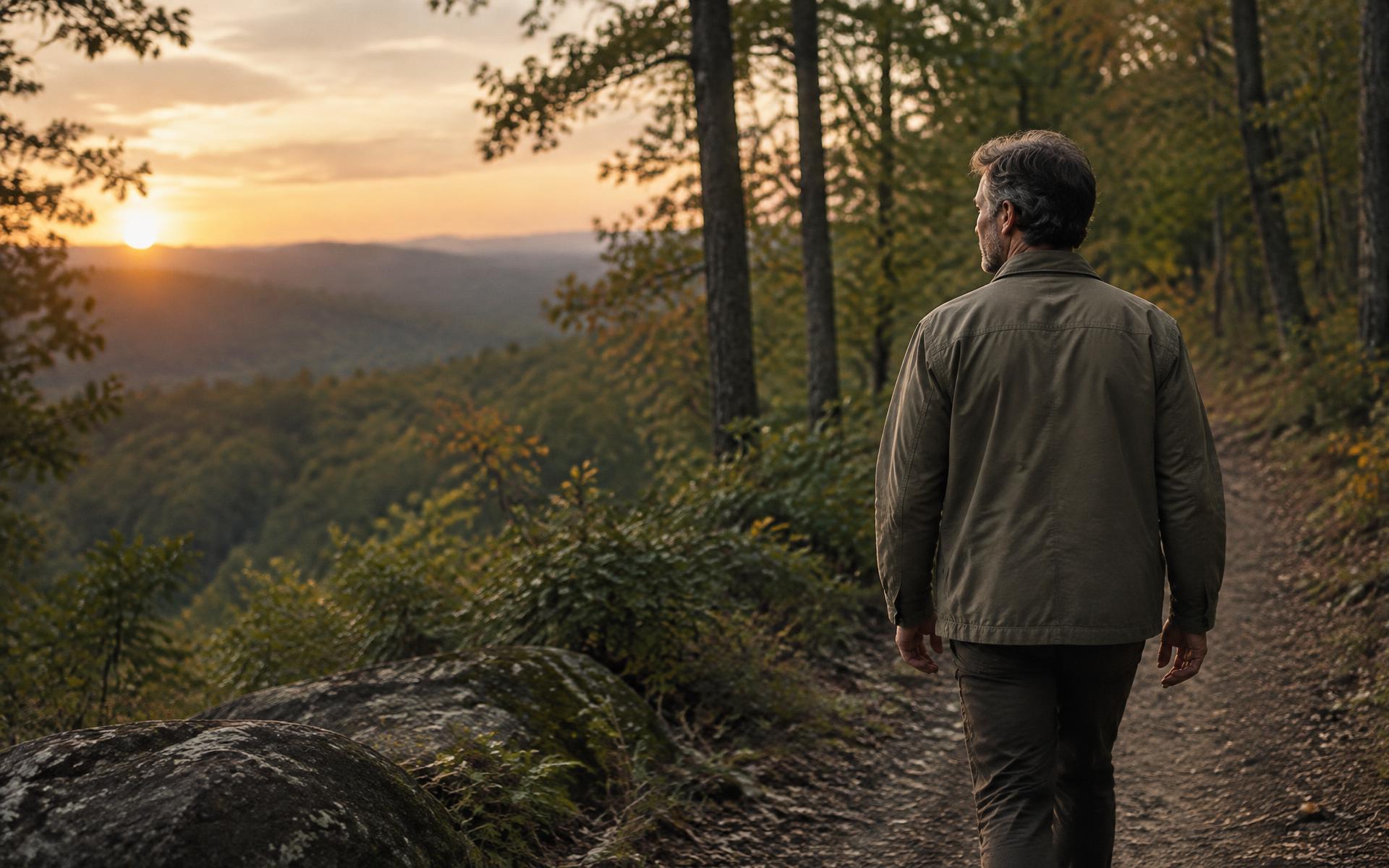 Man walking a wooded trail in upstate South Carolina at sunset