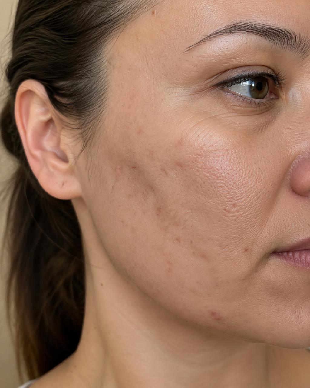 Close-up of skin with acne scarring, enlarged pores and fine lines that microneedling treats at Push Med in Greenville, SC